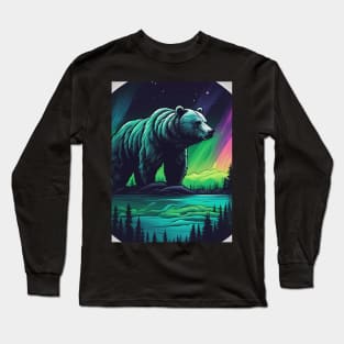 Brown Bear with Forest and Borealis, Colorful, Beautiful Long Sleeve T-Shirt